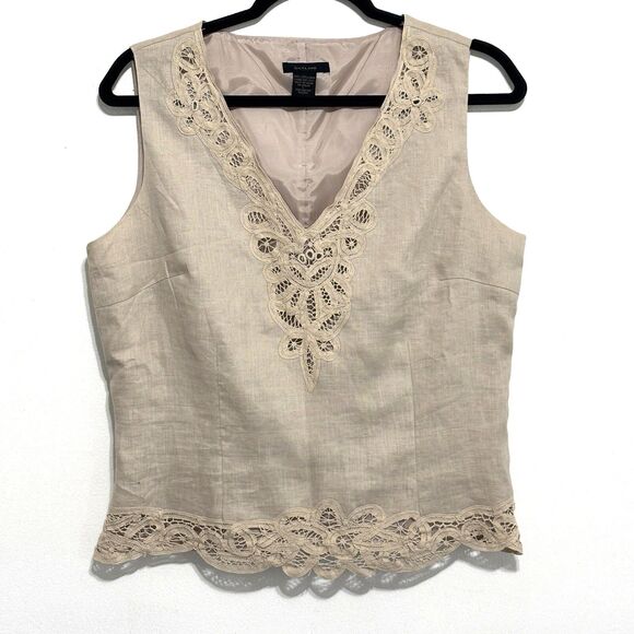 Silkland 100% Linen Sleeveless Top Sz Large Tan Lace Trim Lined V-Neck - Picture 1 of 6